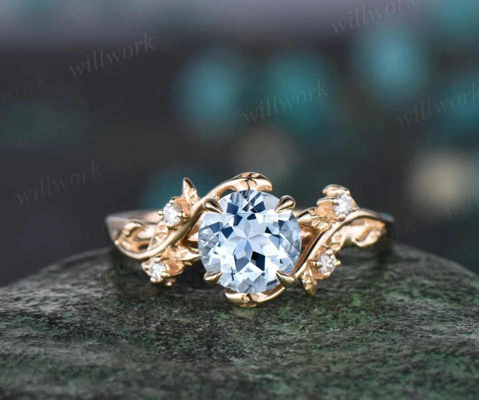 Vintage 1ct round cut aquamarine engagement ring leaf 14k yellow gold ring branch twig nature inspired five stone diamond wedding ring women sold by Willwork Jewelry