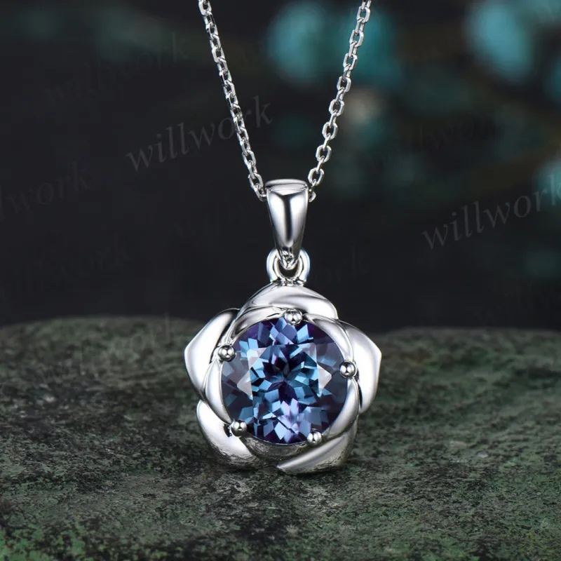 2ct Round Cut Alexandrite Necklace Solid 14k 18k White Gold Gold Vintage Unique Personalized 5 Prong Floral Pendant For Women Her Gemstone Anniversary Bridal Gift Mother sold by Willwork Jewelry