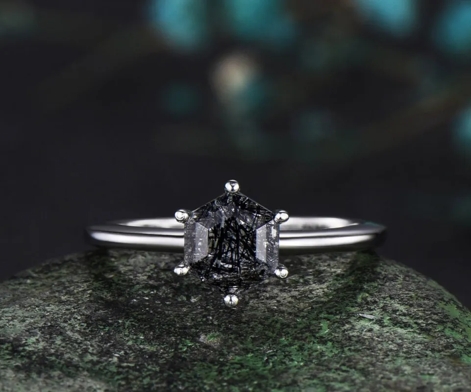 14k white gold unique Hexagon Cut Black Rutilated Quartz engagement ring for her birthday gift sold by Willwork Jewelry