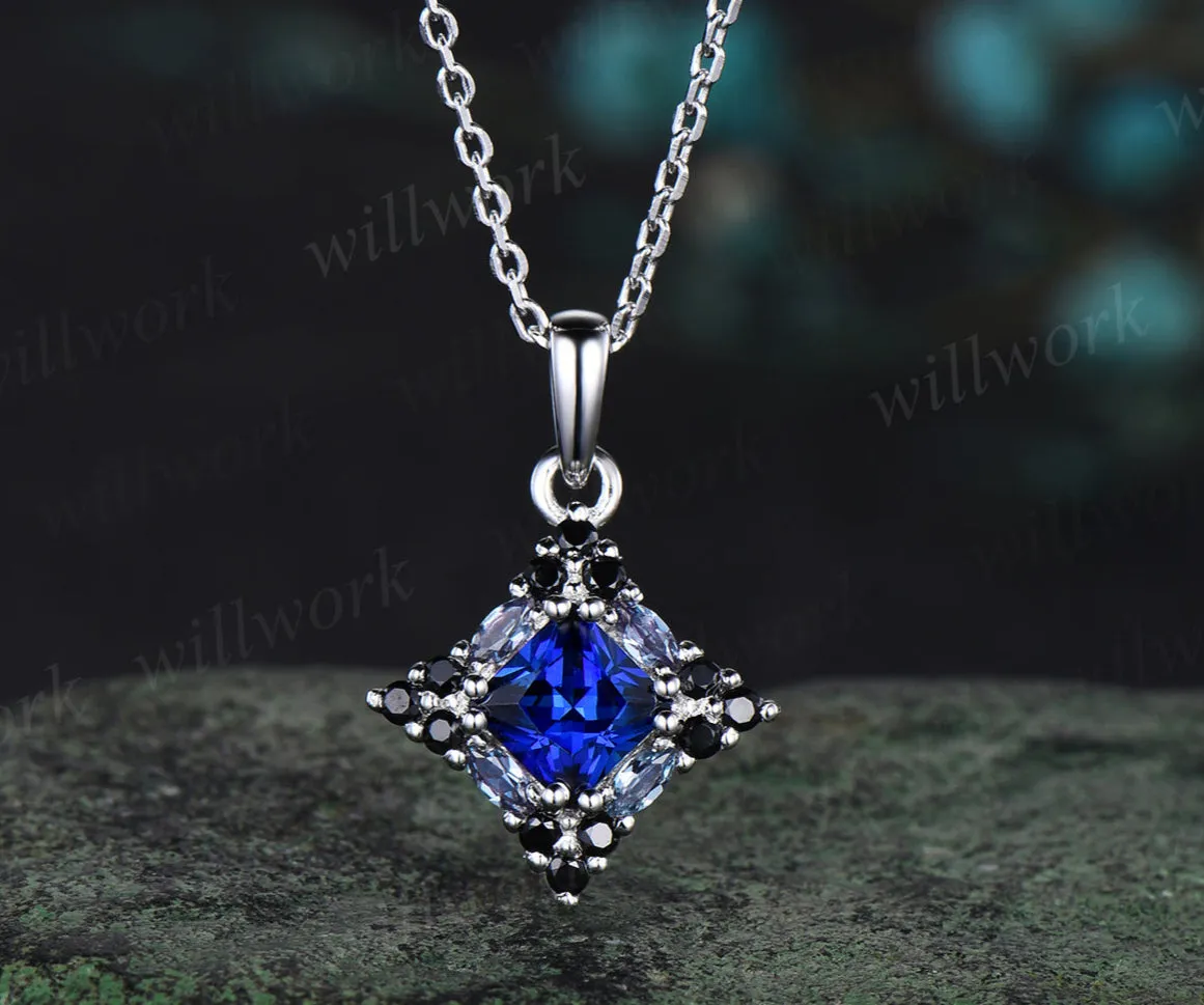 14k white gold unique Princess Cut Blue Sapphire Pendant For Women Anniversary Gifts sold by Willwork Jewelry