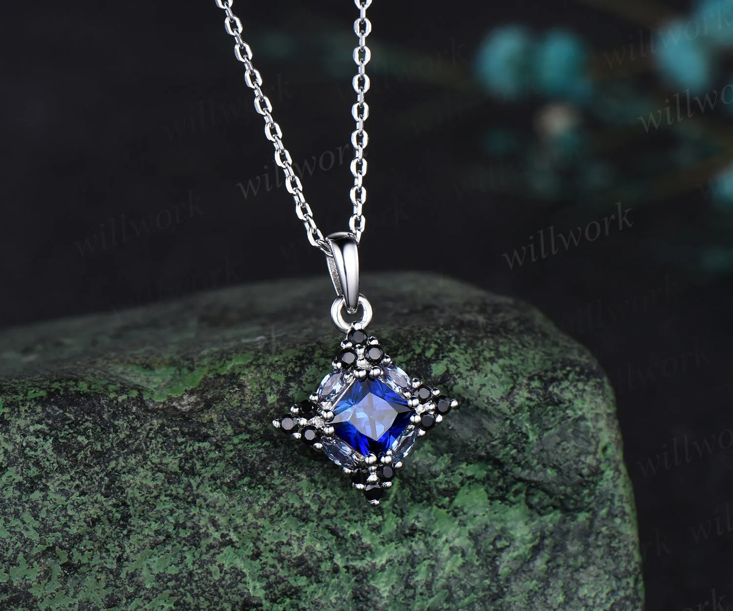 14k white gold unique Princess Cut Blue Sapphire Pendant For Women Anniversary Gifts sold by Willwork Jewelry product image thumbnail 2