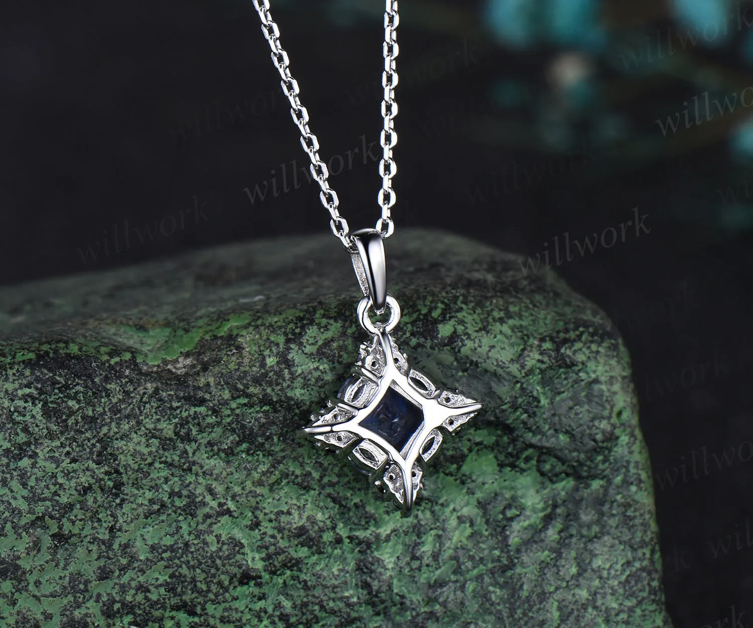 14k white gold unique Princess Cut Blue Sapphire Pendant For Women Anniversary Gifts sold by Willwork Jewelry product image thumbnail 3