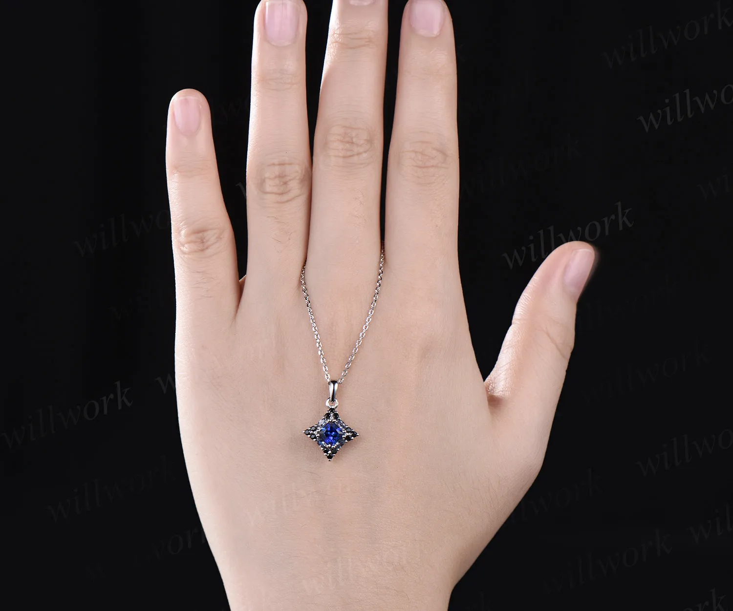 14k white gold unique Princess Cut Blue Sapphire Pendant For Women Anniversary Gifts sold by Willwork Jewelry product image thumbnail 4