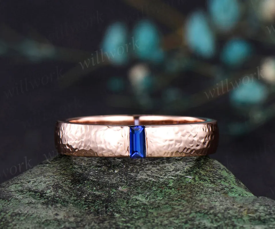 Mens Sapphire Wedding Band Baguette Cut Blue Sapphire Band 5mm Solid Rose Gold Mens Hammered Stacking Matching Band Retro Vintage Ring Gift sold by Willwork Jewelry