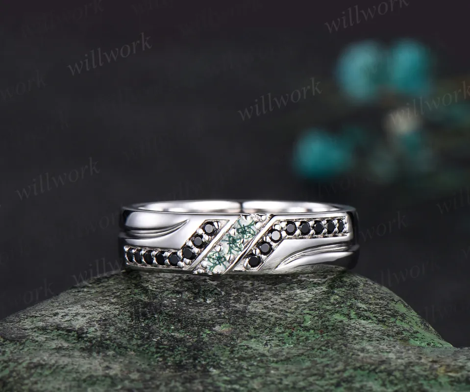 Unique Mens Moss Agate Wedding Band Round Cut Band 5mm Solid Gold Ring Mens Black Onyx Handsome Man Rings Matching Band Ring Gift sold by Willwork Jewelry