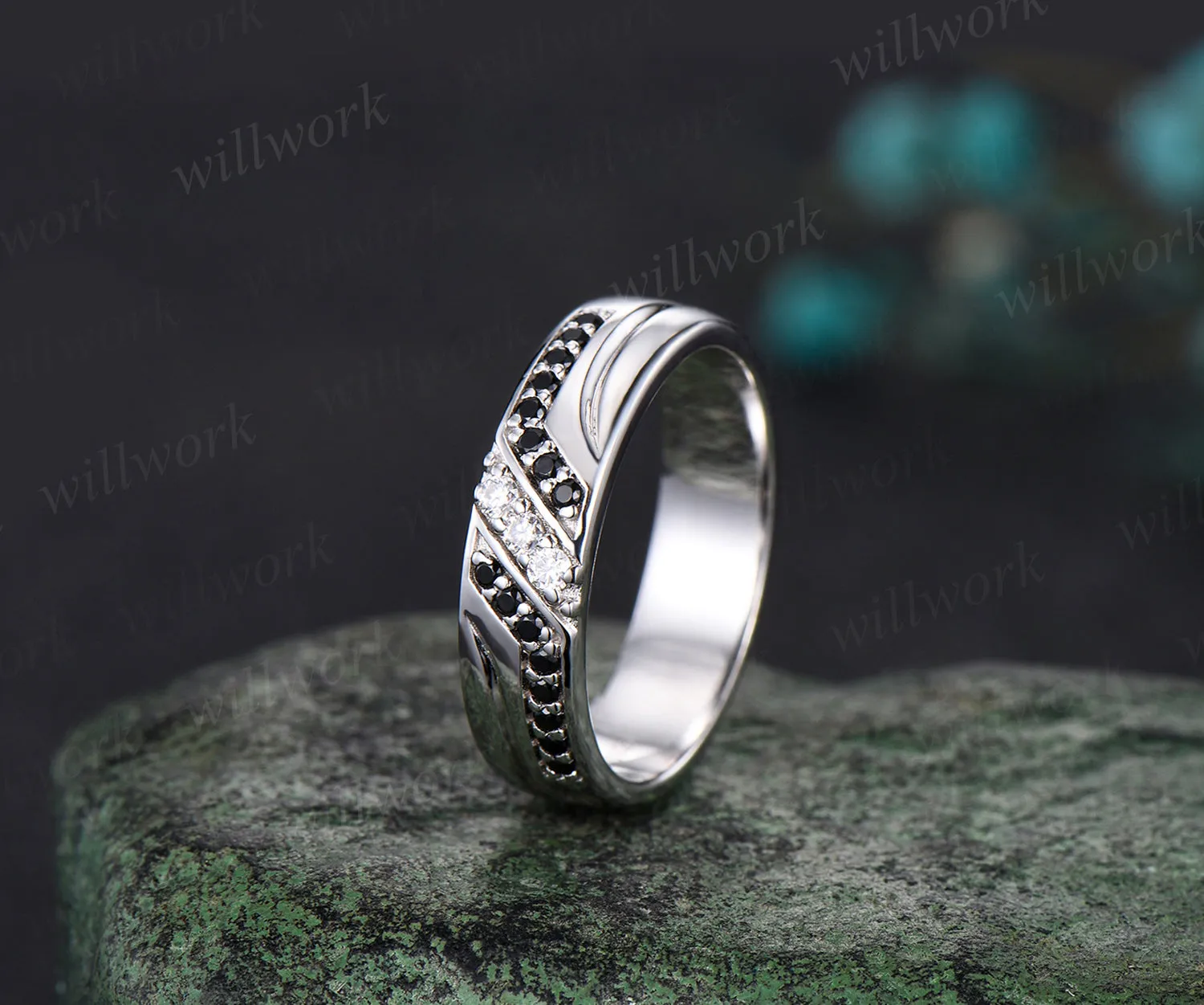 Unique Mens Moissanite Wedding Band Round Cut Band 5mm Solid Gold Ring Mens Black Onyx Handsome Man Rings Matching Band Ring Gift sold by Willwork Jewelry product image thumbnail 4