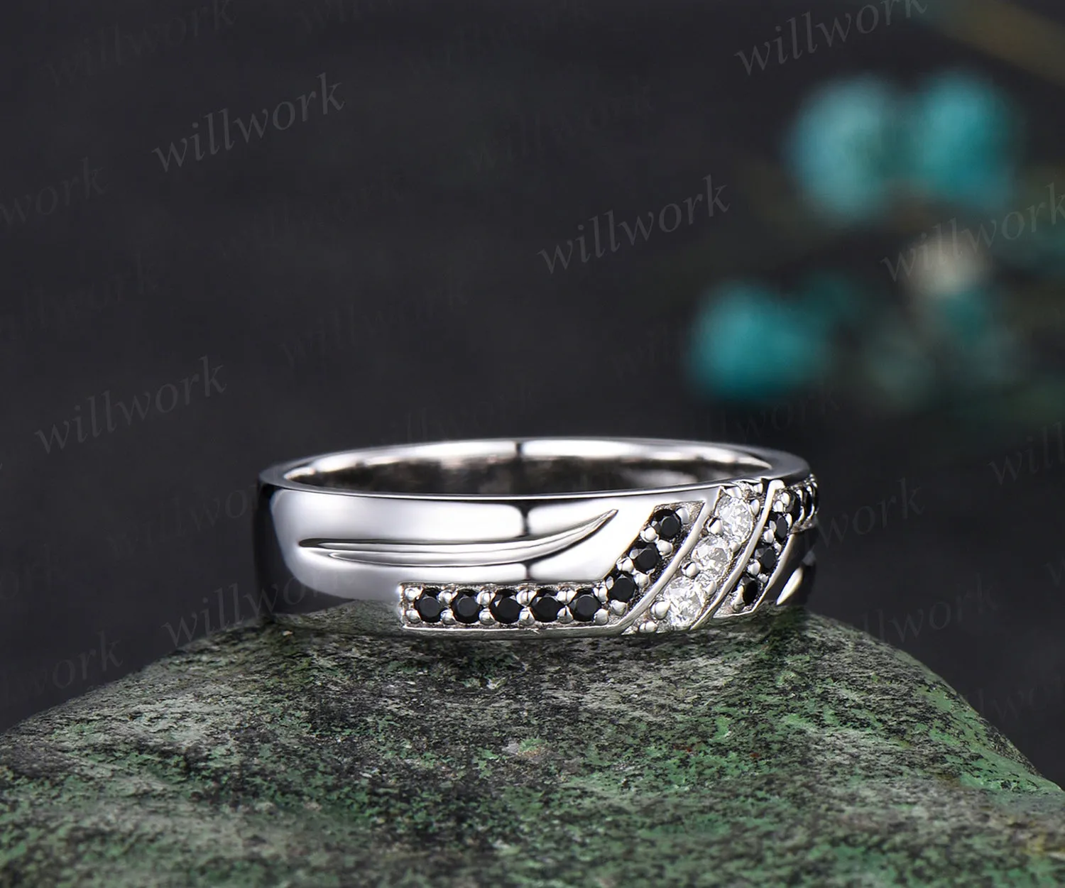Unique Mens Moissanite Wedding Band Round Cut Band 5mm Solid Gold Ring Mens Black Onyx Handsome Man Rings Matching Band Ring Gift sold by Willwork Jewelry product image thumbnail 3