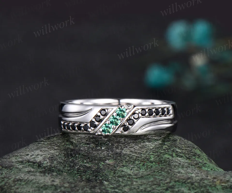 Unique Mens  Emerald Wedding Band Round Cut Band 5mm Solid Gold Ring Mens Black Onyx Handsome Man Rings Matching Band Ring Gift sold by Willwork Jewelry