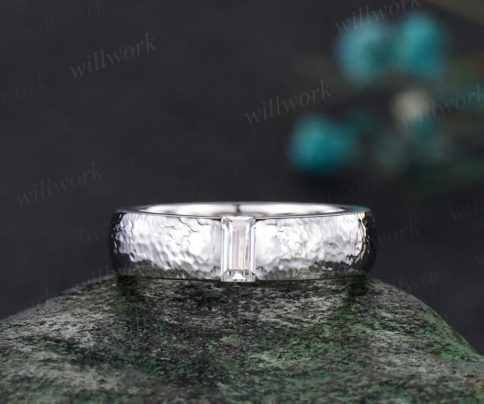 Unique Mens Moissanite Wedding Band Baguette Cut Band 5mm Solid Gold Ring Mens Hammered Stacking Matching Band Retro Vintage Ring Gift sold by Willwork Jewelry