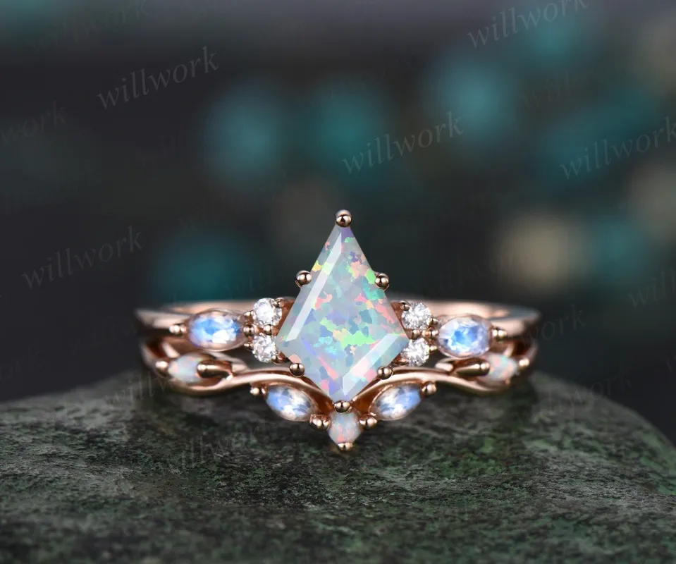 Kite cut white opal engagement ring rose gold marquise cut moonstone ring women moissanite anniversary wedding bridal ring set jewelry sold by Willwork Jewelry