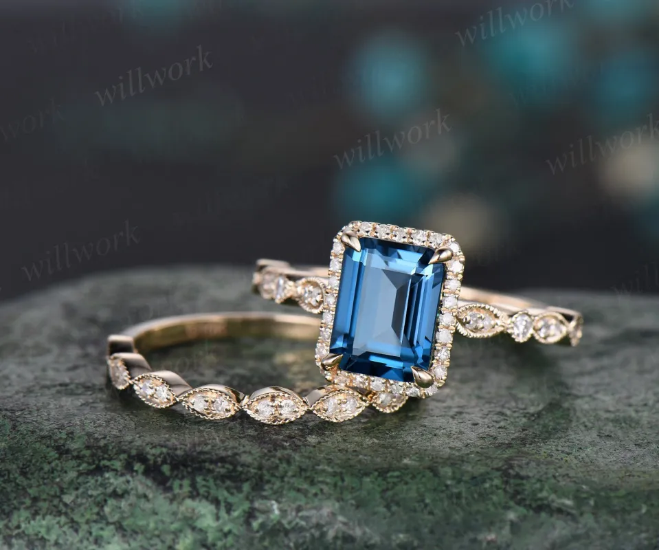 Emerald cut London blue topaz engagement ring 14k yellow gold half eternity marquise milgrain diamond promise wedding ring women jewelry made by Willwork Jewelry