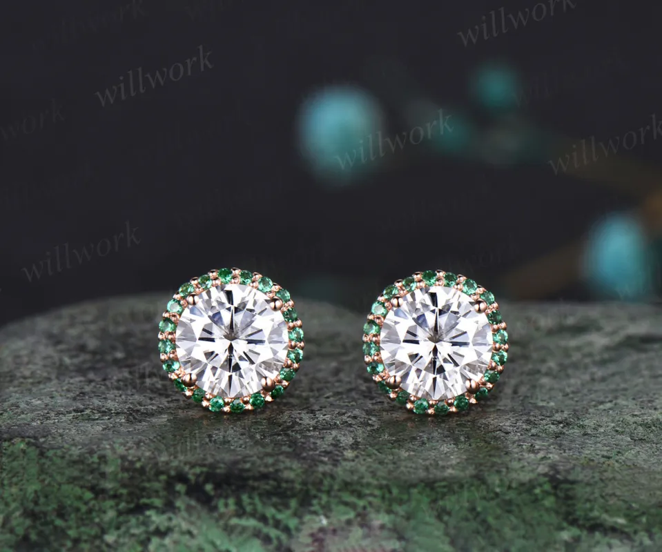 WillWork Jewelry Moissanite Round Cut Earrings Vintage halo Earrings emerald around Promise Earrings sold by Willwork Jewelry