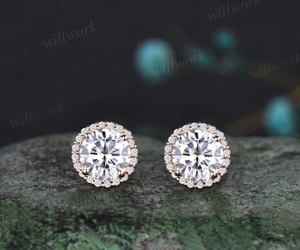 WillWork Jewelry Moissanite Round Cut Earrings Vintage halo Earrings Promise Earrings sold by Willwork Jewelry
