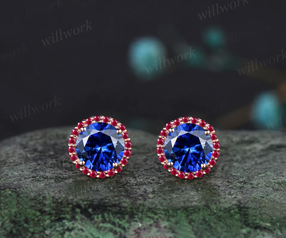 WillWork Jewelry sapphire Round Cut Earrings Vintage halo Earrings ruby around Promise Earrings sold by Willwork Jewelry