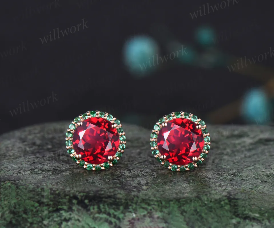 WillWork Jewelry Ruby Round Cut Earrings Vintage halo Earrings emerald around Promise Earrings sold by Willwork Jewelry