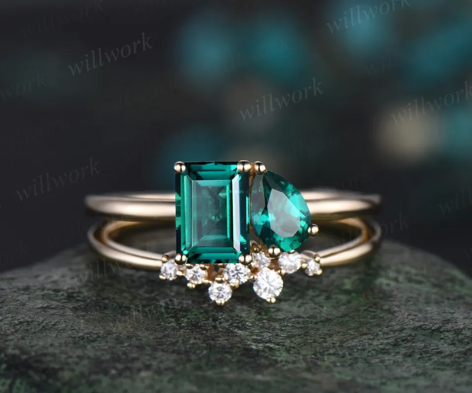 Toi et Moi pear emerald cut green emerald engagement ring solid 14k yellow gold Personalized snowdrift bridal wedding ring set women made by Willwork Jewelry