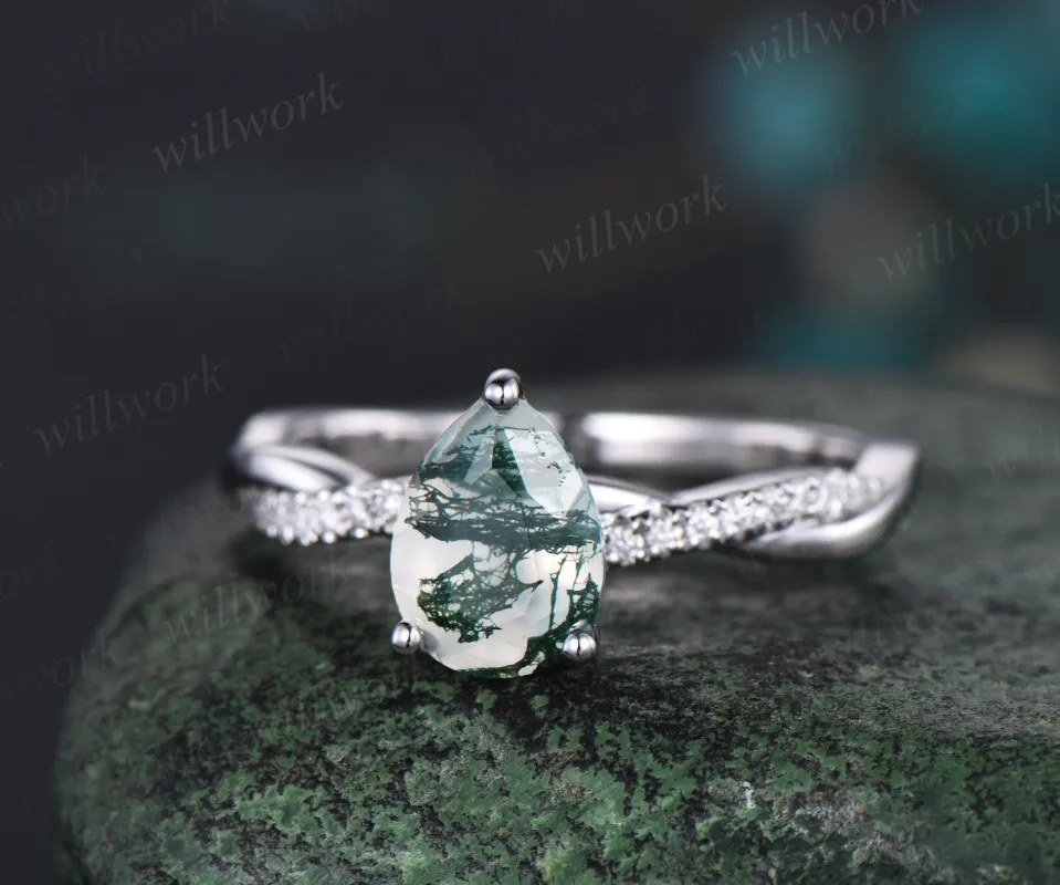 Pear cut green moss agate engagement ring solid 14k white gold eternity twisted diamond ring women unique wedding anniversary ring gift sold by Willwork Jewelry
