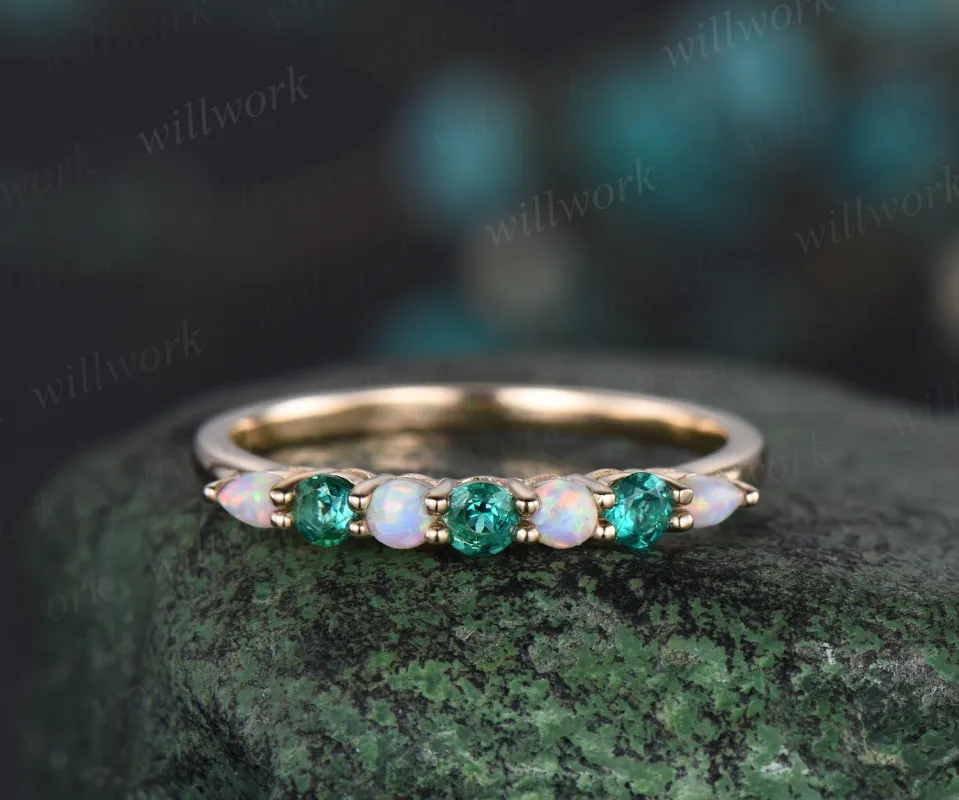Round opal emerald wedding band solid 14k yellow gold Multi-Stone rings half eternity dainty anniversary ring women gift sold by Willwork Jewelry