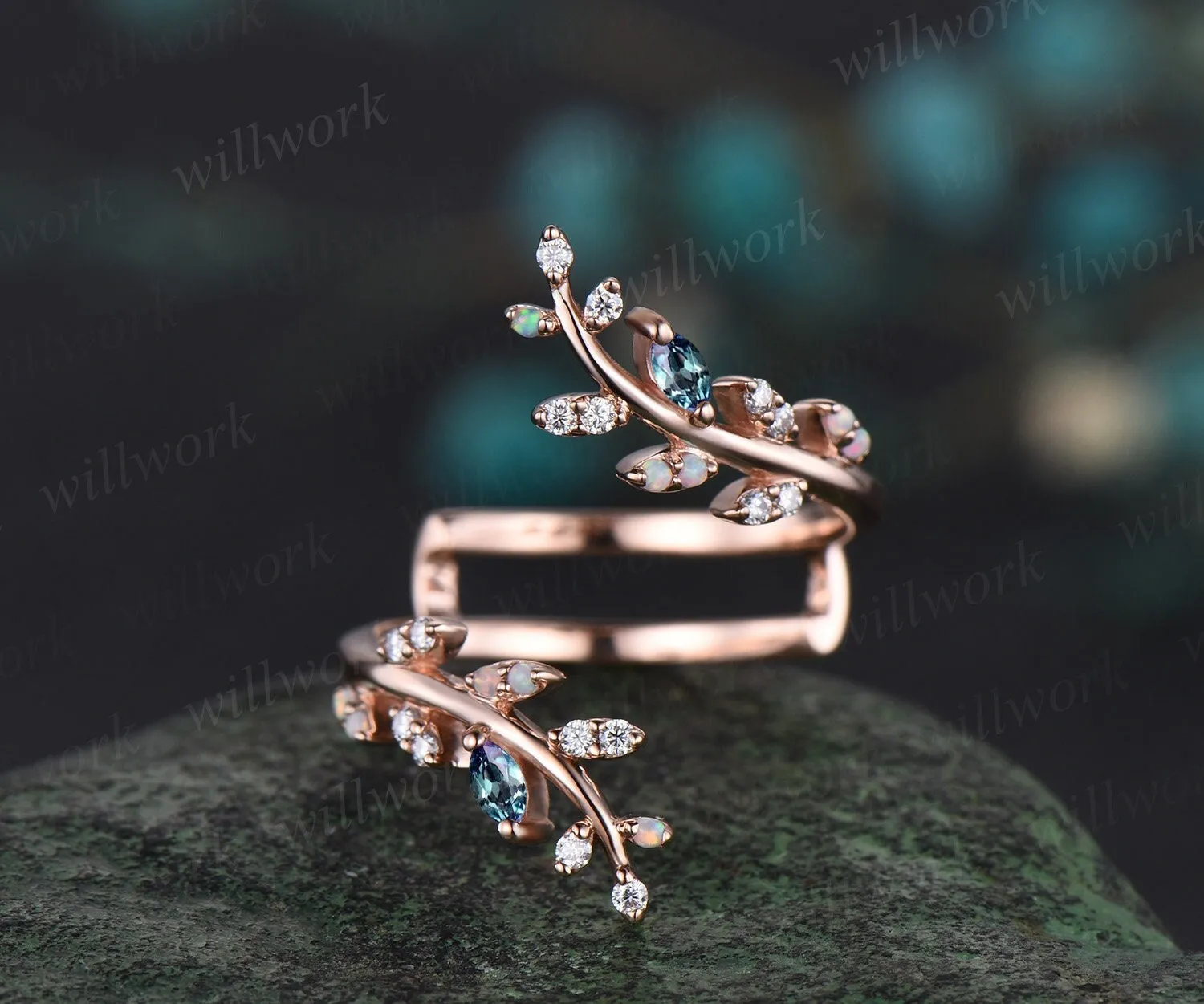 Opal alexandrite leaf wedding band enhancer wraps solid 14k rose gold cluster double open gap diamond ring women art deco anniversary gift sold by Willwork Jewelry