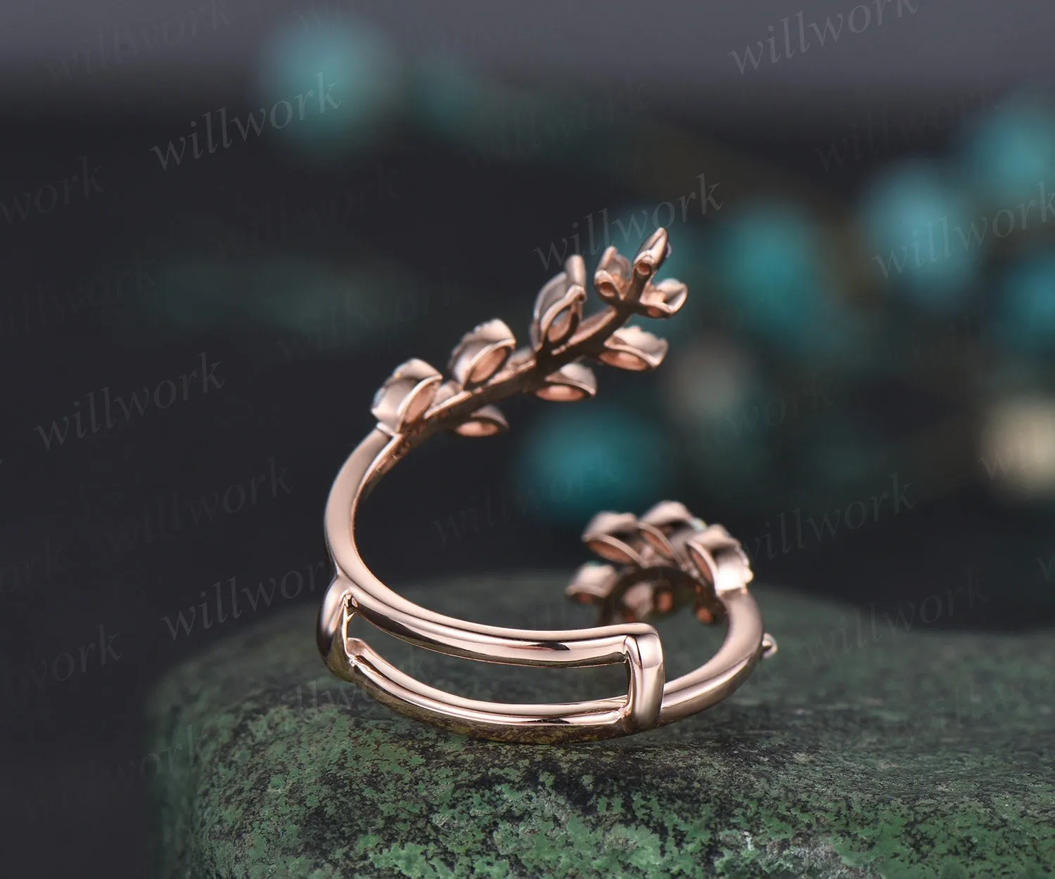 Opal alexandrite leaf wedding band enhancer wraps solid 14k rose gold cluster double open gap diamond ring women art deco anniversary gift sold by Willwork Jewelry product image thumbnail 5