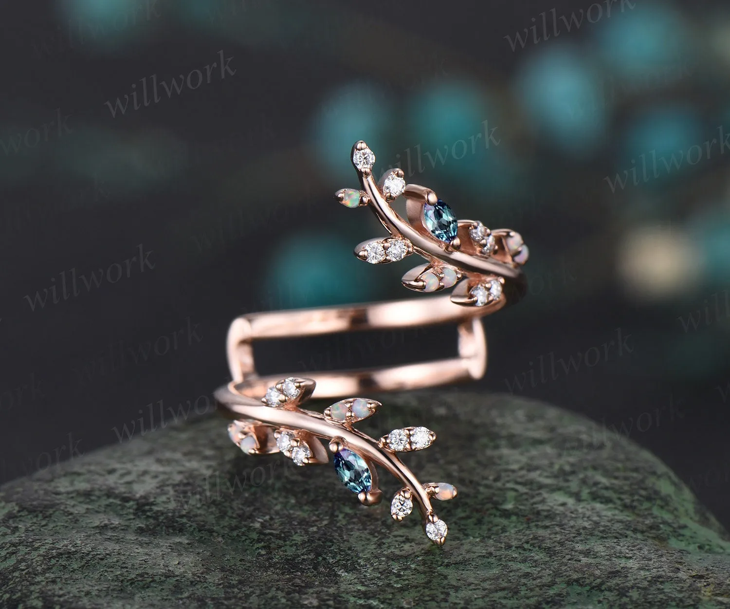 Opal alexandrite leaf wedding band enhancer wraps solid 14k rose gold cluster double open gap diamond ring women art deco anniversary gift sold by Willwork Jewelry product image thumbnail 3