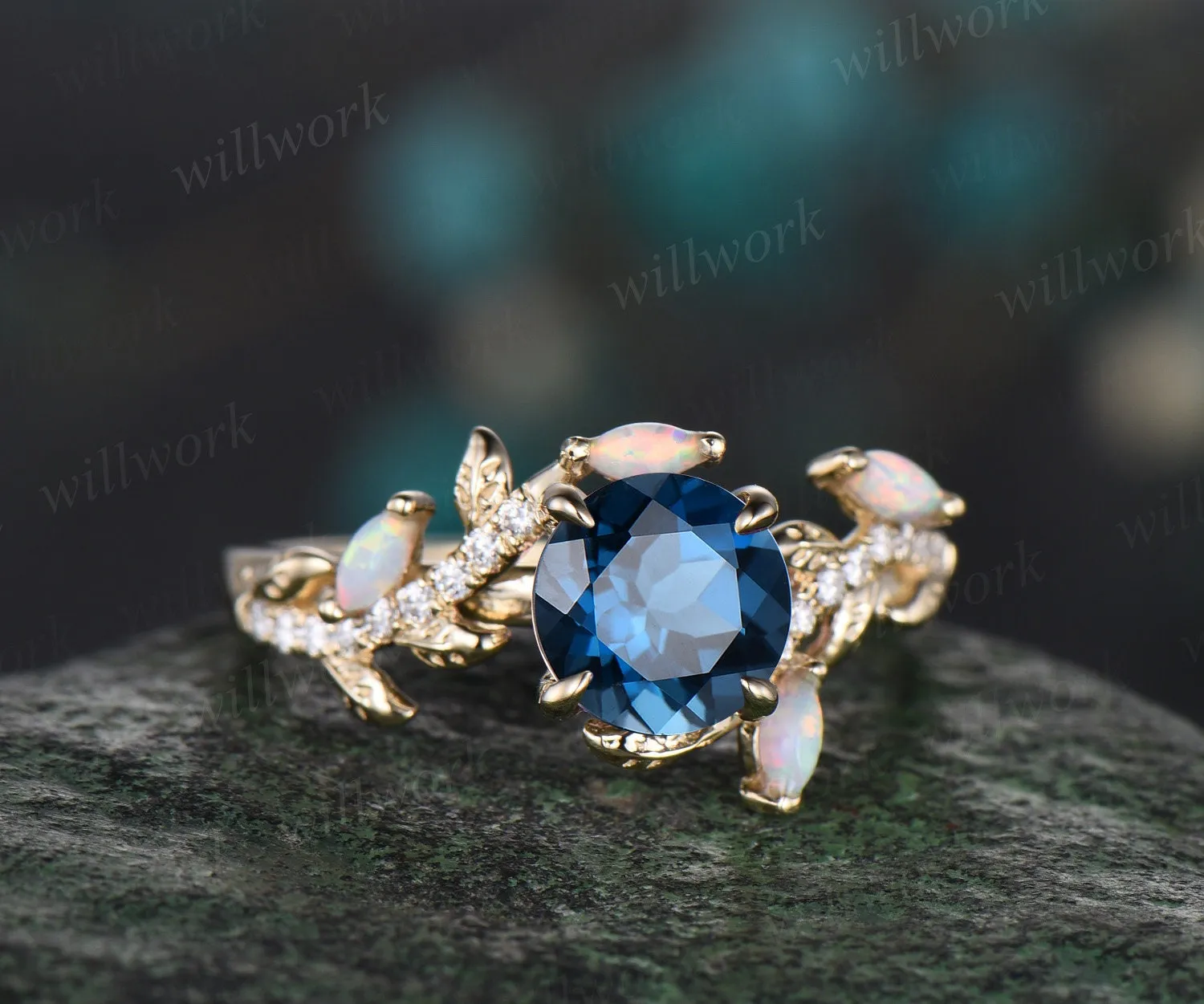 Vintage round London blue topaz engagement ring yellow gold leaf nature inspired branch half eternity diamond opal anniversary ring women sold by Willwork Jewelry product image thumbnail 3
