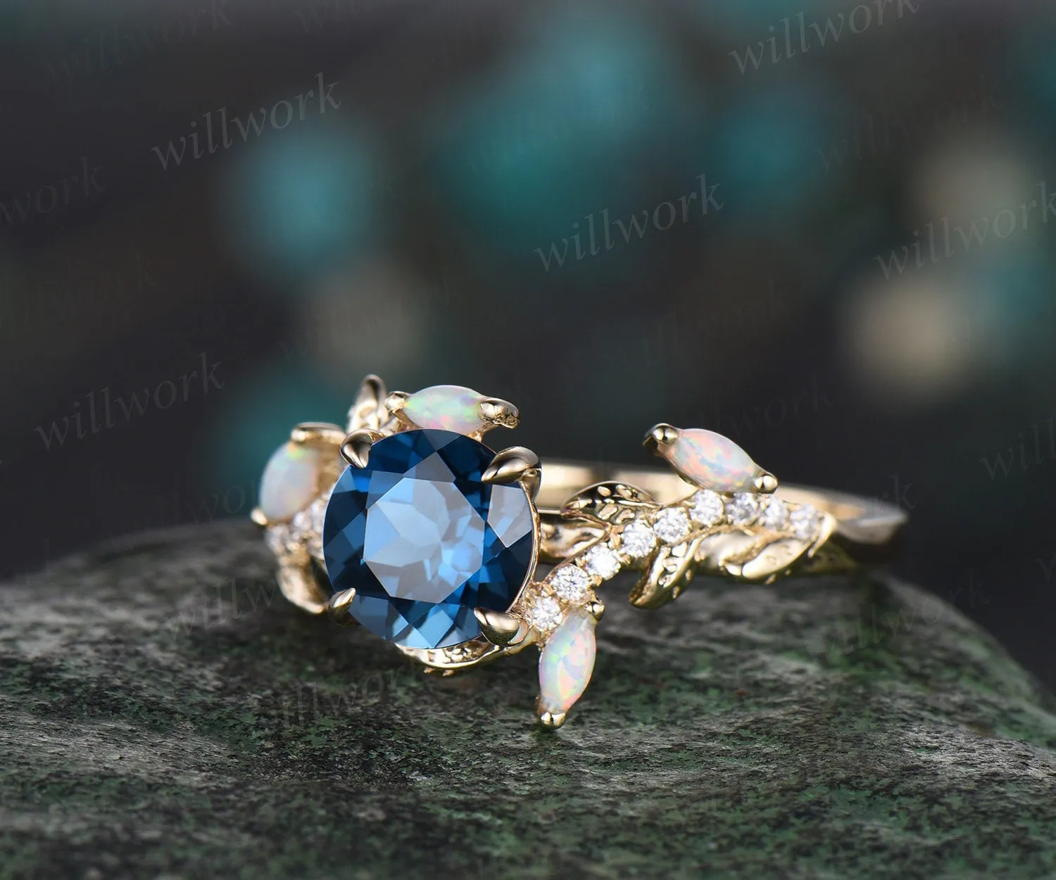 Vintage round London blue topaz engagement ring yellow gold leaf nature inspired branch half eternity diamond opal anniversary ring women sold by Willwork Jewelry product image thumbnail 4