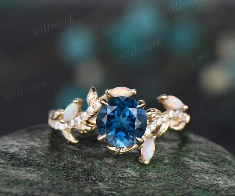 Vintage round London blue topaz engagement ring yellow gold leaf nature inspired branch half eternity diamond opal anniversary ring women made by Willwork Jewelry