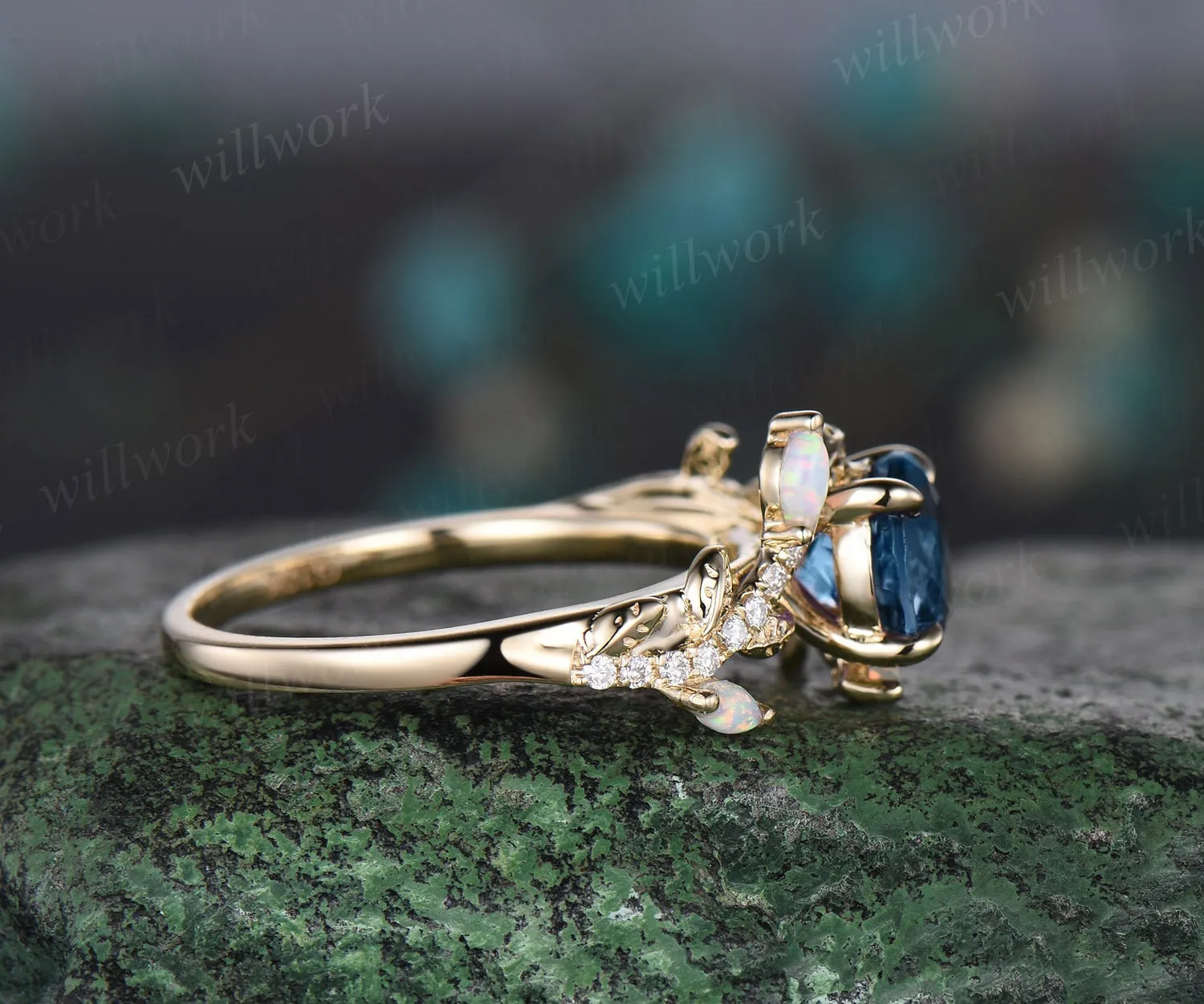 Vintage round London blue topaz engagement ring yellow gold leaf nature inspired branch half eternity diamond opal anniversary ring women sold by Willwork Jewelry product image thumbnail 5