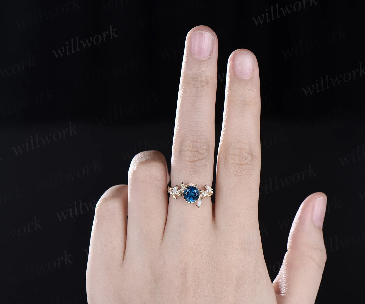 Vintage round London blue topaz engagement ring yellow gold leaf nature inspired branch half eternity diamond opal anniversary ring women sold by Willwork Jewelry product image thumbnail 2