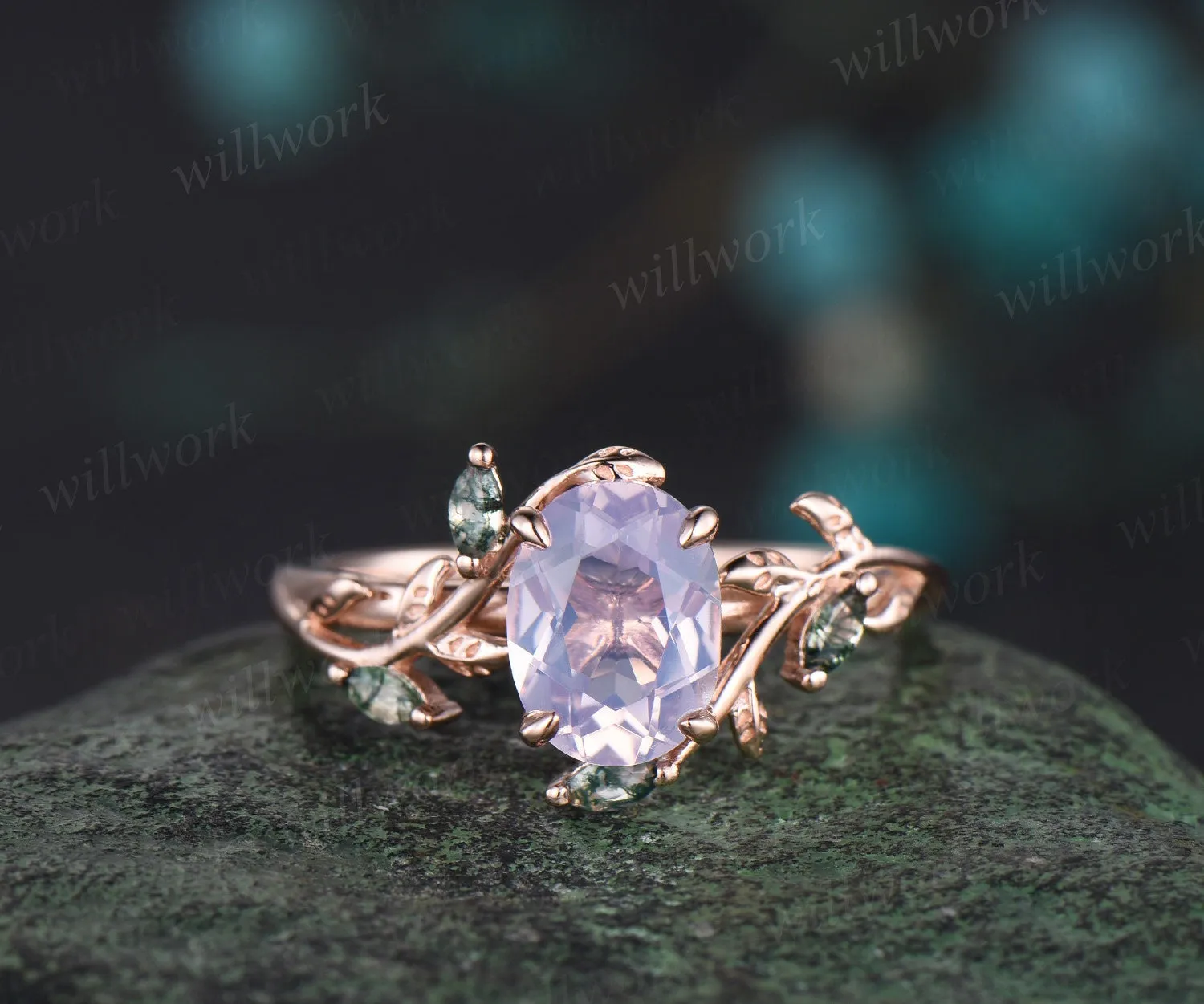 Vintage oval cut Lavender Amethyst engagement ring rose gold art deco cluster leaf nature inspired moss agate bridal wedding ring set women sold by Willwork Jewelry product image thumbnail 5