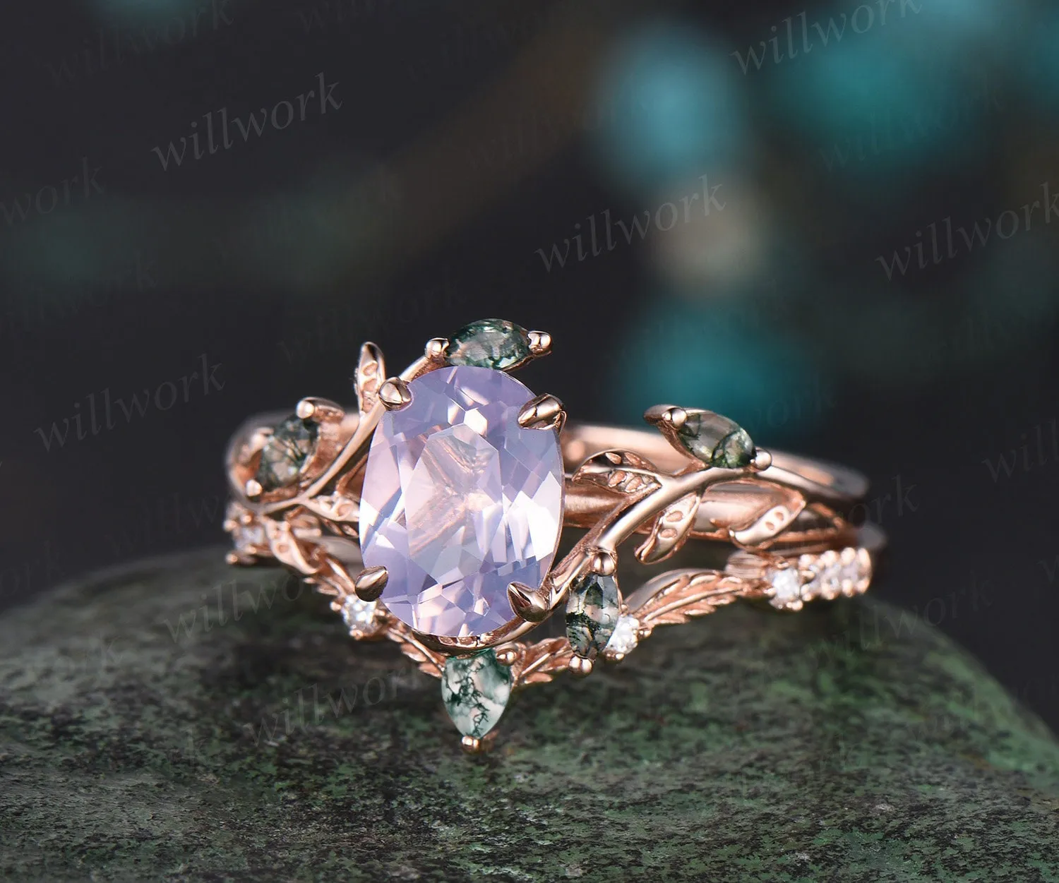 Vintage oval cut Lavender Amethyst engagement ring rose gold art deco cluster leaf nature inspired moss agate bridal wedding ring set women sold by Willwork Jewelry product image thumbnail 3