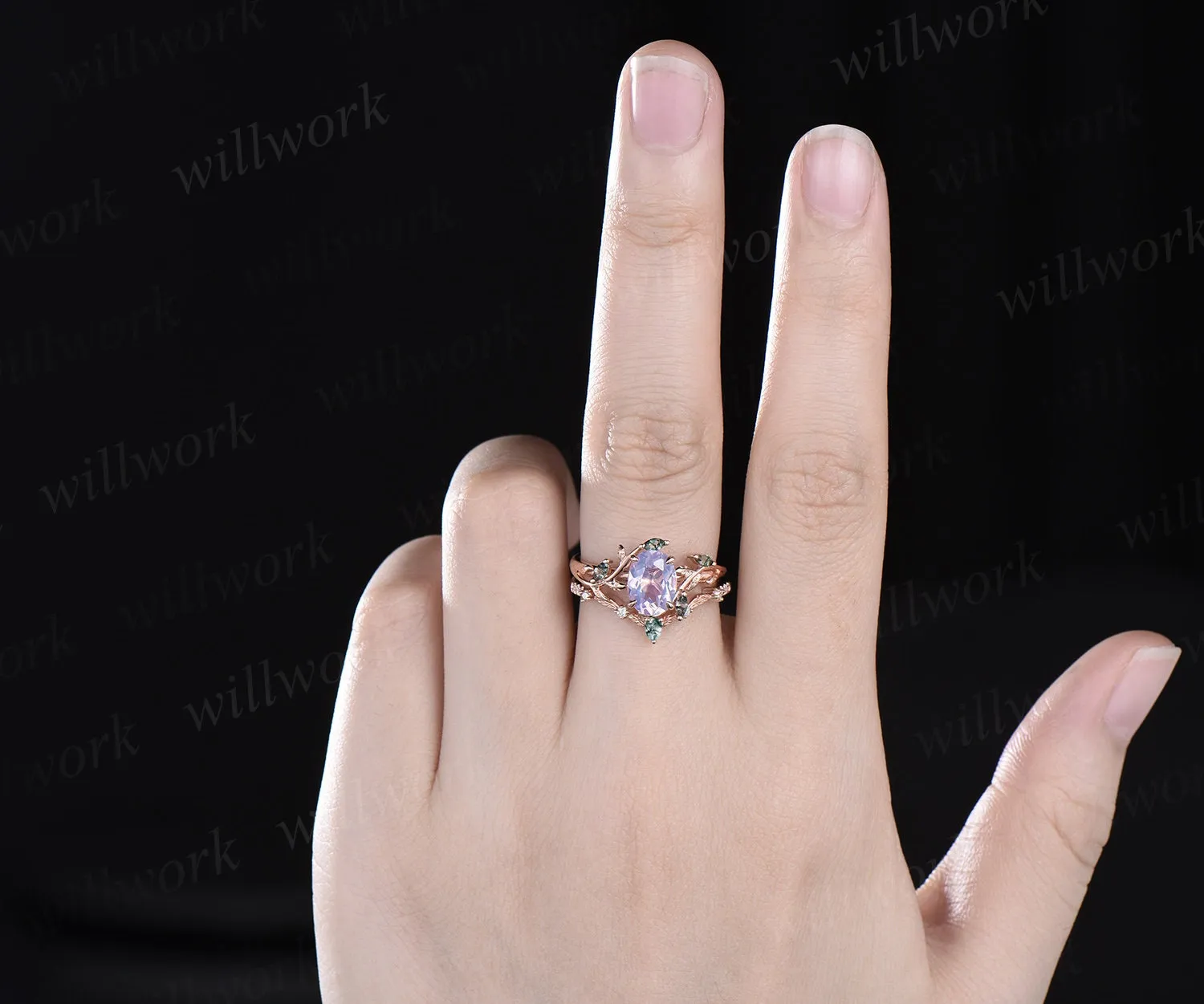 Vintage oval cut Lavender Amethyst engagement ring rose gold art deco cluster leaf nature inspired moss agate bridal wedding ring set women sold by Willwork Jewelry product image thumbnail 2