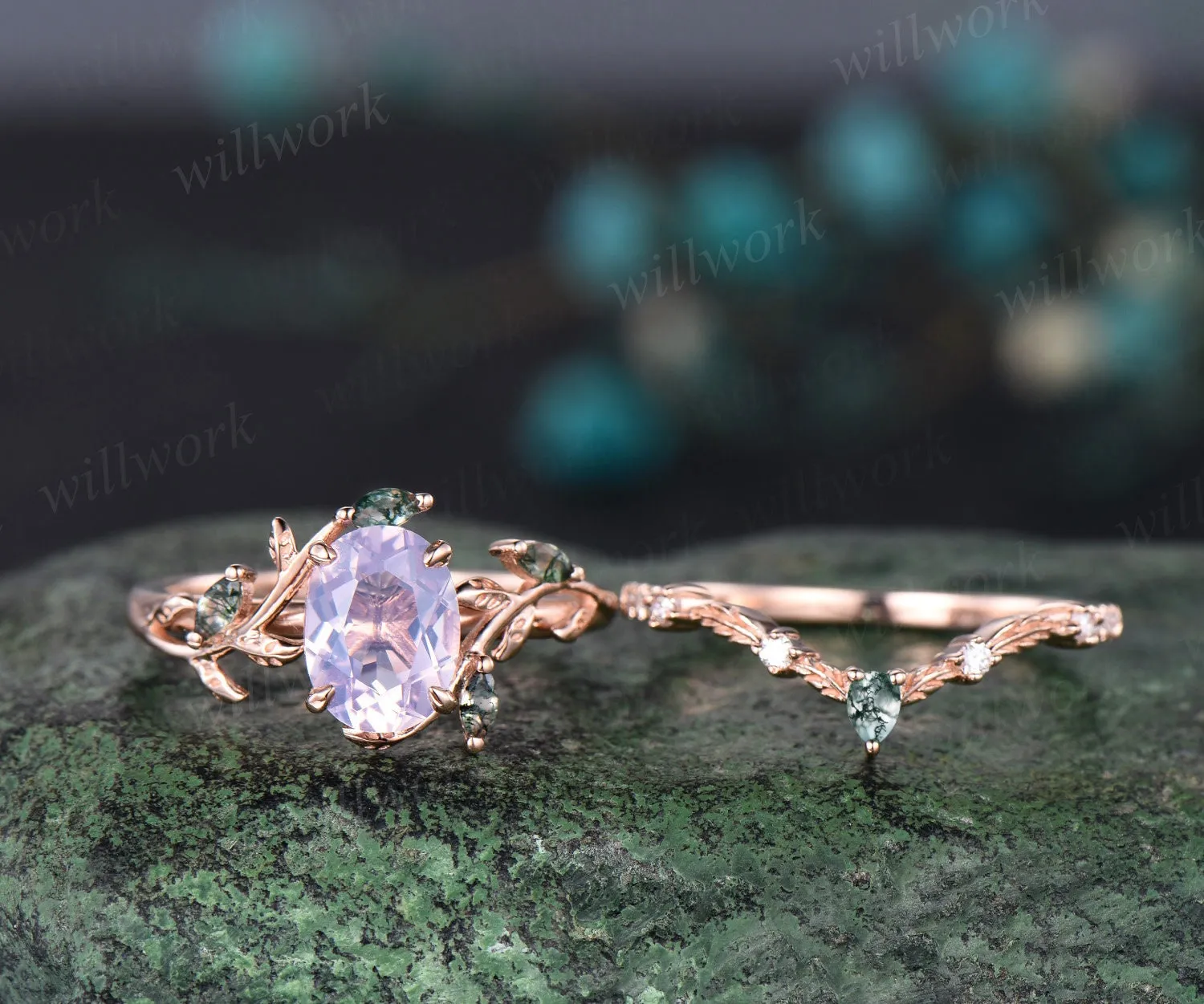 Vintage oval cut Lavender Amethyst engagement ring rose gold art deco cluster leaf nature inspired moss agate bridal wedding ring set women sold by Willwork Jewelry product image thumbnail 4