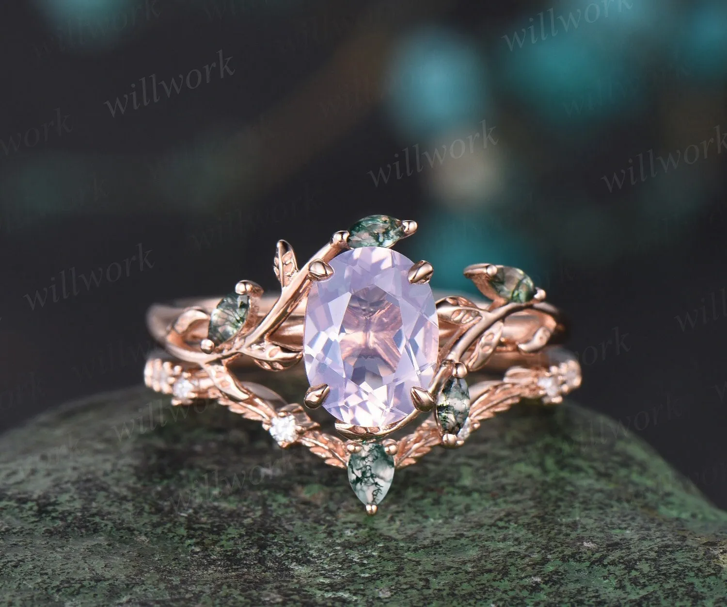 Vintage oval cut Lavender Amethyst engagement ring rose gold art deco cluster leaf nature inspired moss agate bridal wedding ring set women sold by Willwork Jewelry