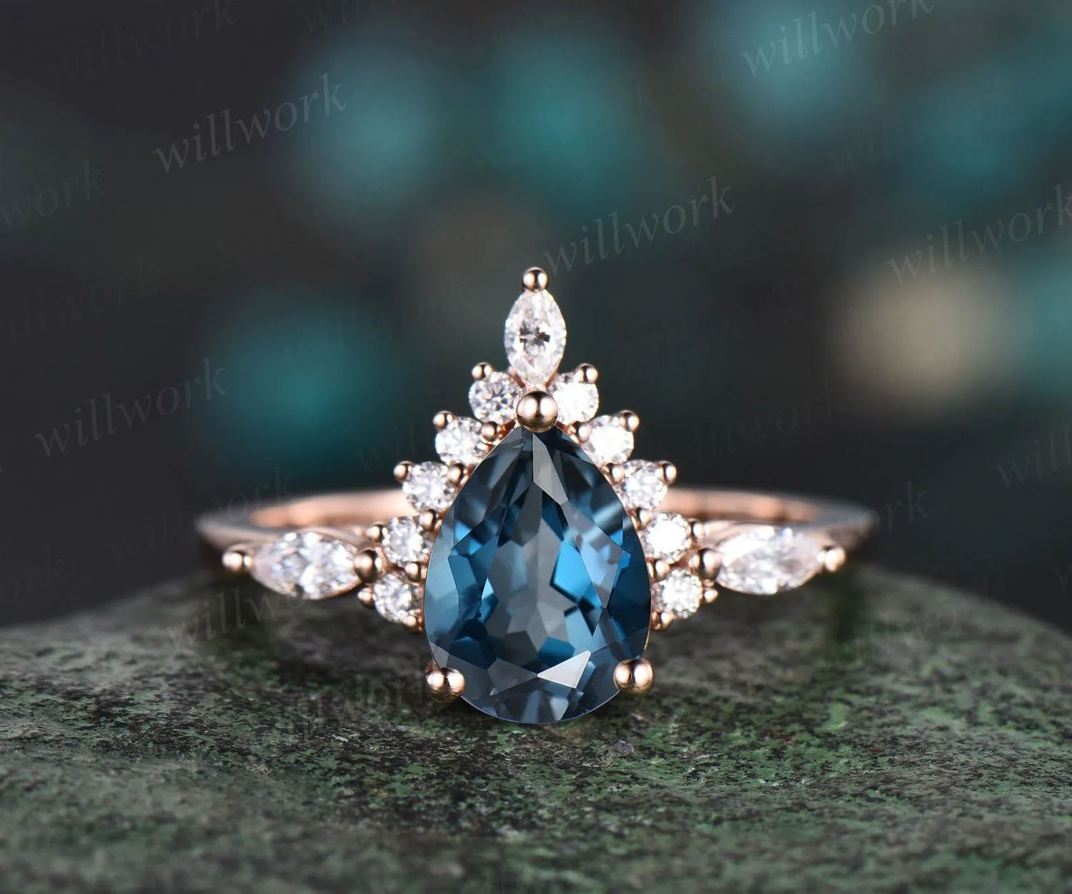 Pear shaped London blue topaz ring halo marquise unique engagement ring women solid 14k rose gold gemstone wedding anniversary ring gift sold by Willwork Jewelry product image thumbnail 5