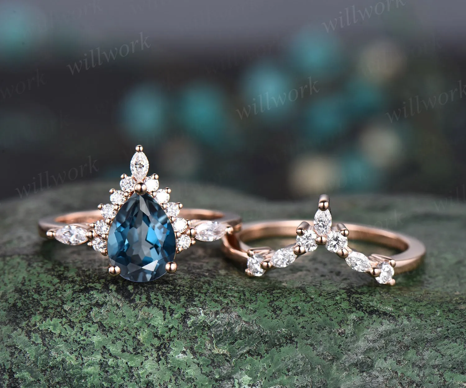 Pear shaped London blue topaz ring halo marquise unique engagement ring women solid 14k rose gold gemstone wedding anniversary ring gift sold by Willwork Jewelry product image thumbnail 3