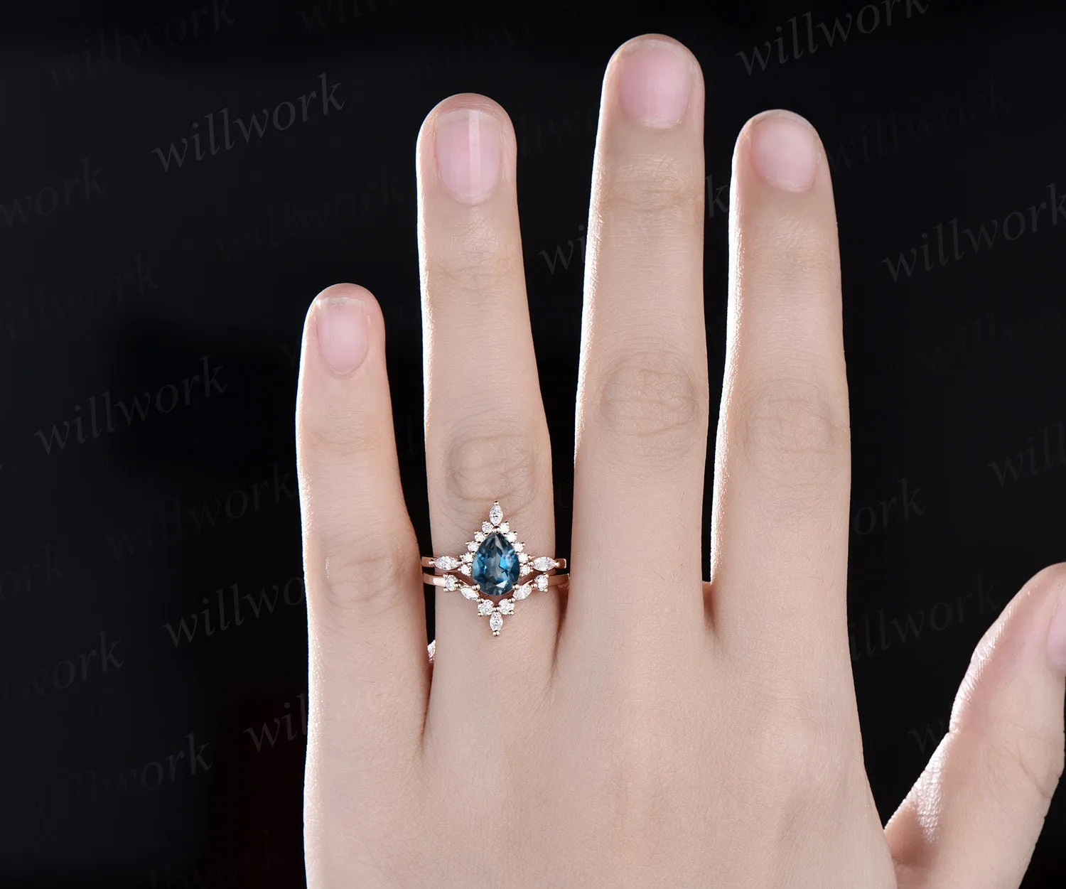 Pear shaped London blue topaz ring halo marquise unique engagement ring women solid 14k rose gold gemstone wedding anniversary ring gift sold by Willwork Jewelry product image thumbnail 2