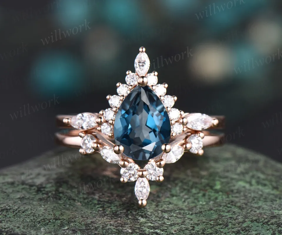 Pear shaped London blue topaz ring halo marquise unique engagement ring women solid 14k rose gold gemstone wedding anniversary ring gift sold by Willwork Jewelry