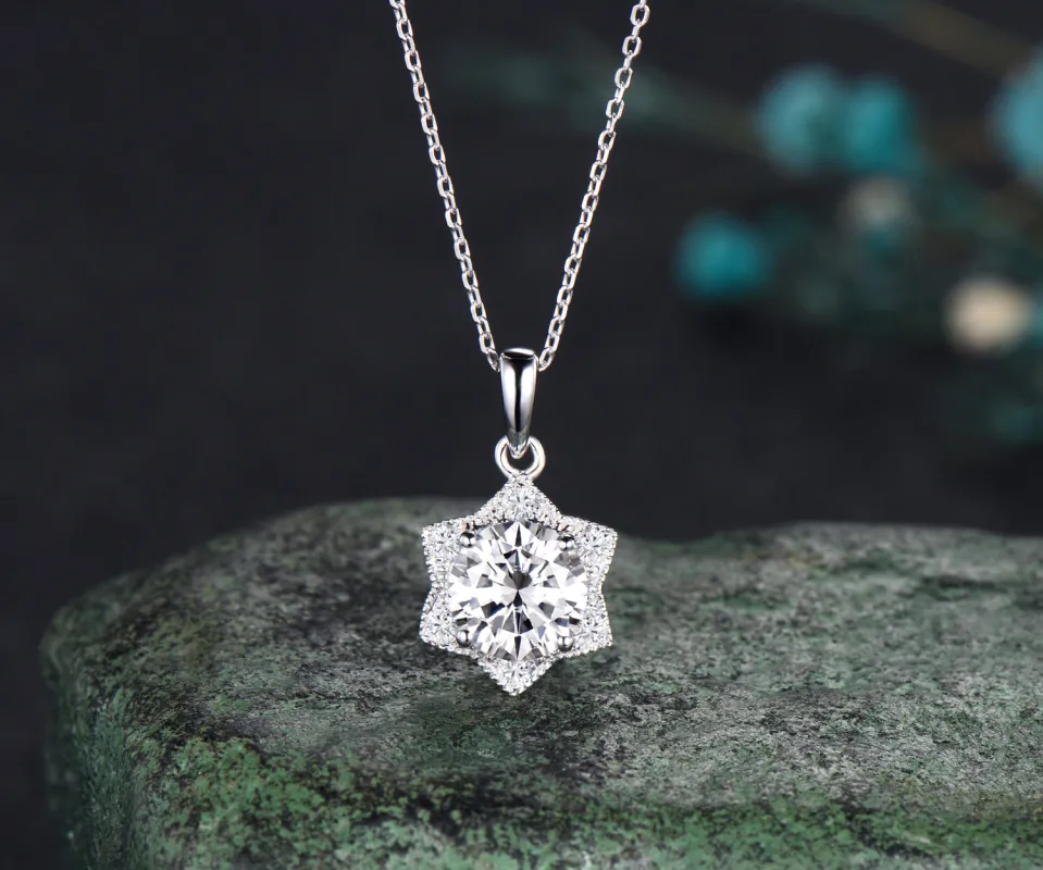 Unique Round Cut Moissanite Necklace Minimalist hexagram Halo Moissanite Pendant 14k White Gold Bridal Jewelry Christmas Snow gift sold by Willwork Jewelry