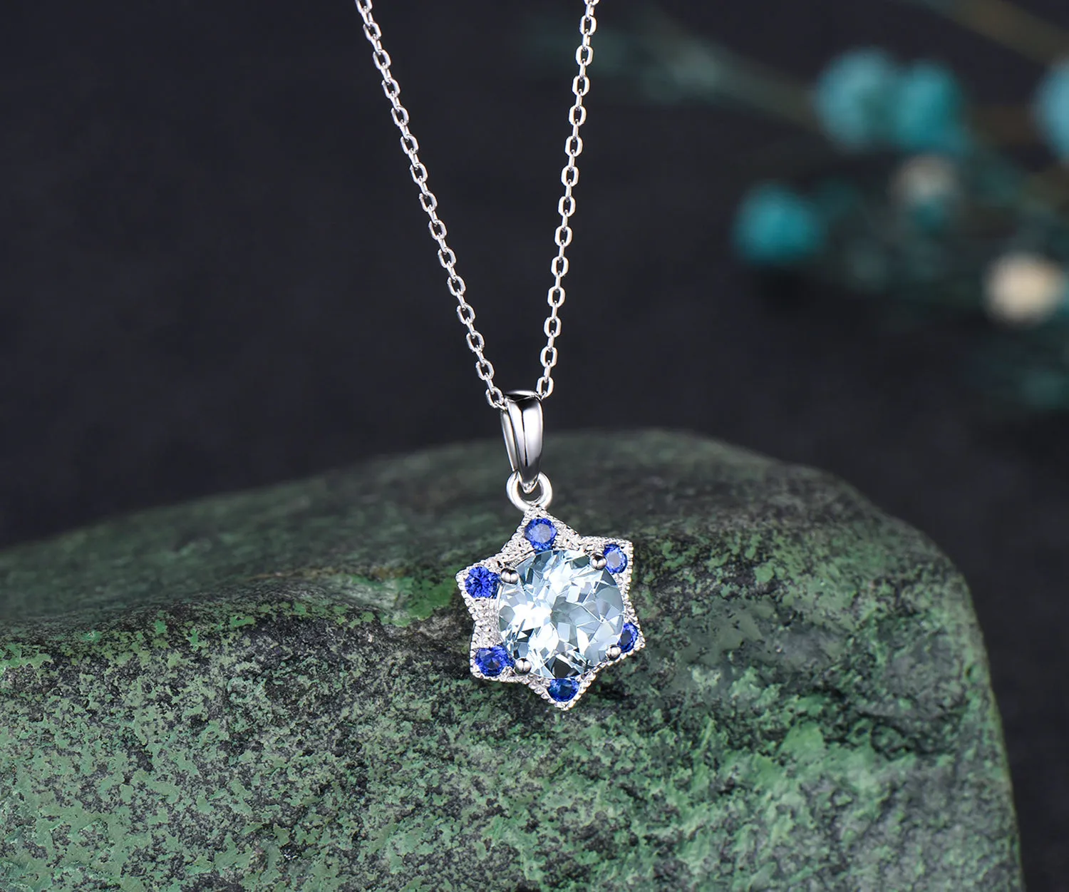 Unique Round Cut aquamarine Necklace Minimalist hexagram Halo Blue Sapphire Pendant 14k White Gold Bridal Jewelry Christmas Snow gift sold by Willwork Jewelry product image thumbnail 4