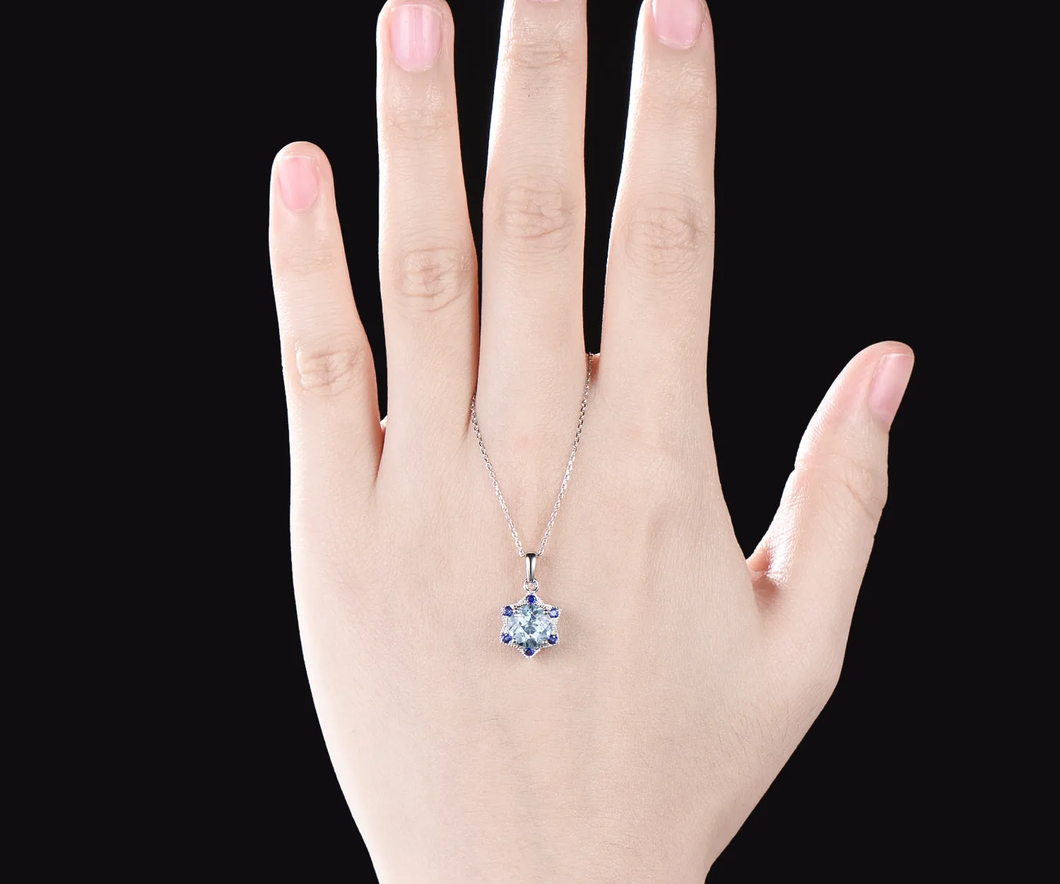Unique Round Cut aquamarine Necklace Minimalist hexagram Halo Blue Sapphire Pendant 14k White Gold Bridal Jewelry Christmas Snow gift sold by Willwork Jewelry product image thumbnail 2