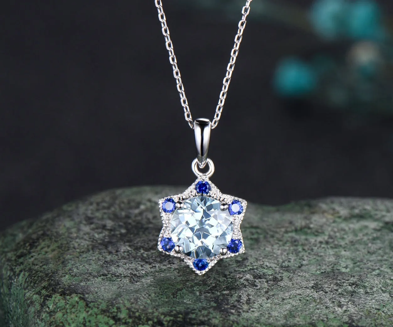 Unique Round Cut aquamarine Necklace Minimalist hexagram Halo Blue Sapphire Pendant 14k White Gold Bridal Jewelry Christmas Snow gift sold by Willwork Jewelry