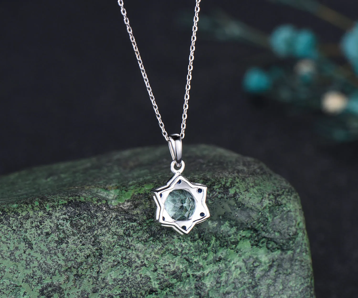 Unique Round Cut aquamarine Necklace Minimalist hexagram Halo Blue Sapphire Pendant 14k White Gold Bridal Jewelry Christmas Snow gift sold by Willwork Jewelry product image thumbnail 3