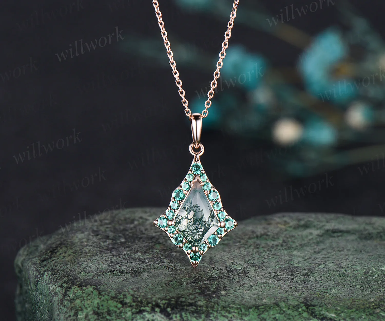 Kite Cut Natural Green Moss Agate Necklace Unique Wave Halo green emerald Necklace Pendant Rose Gold Women Mother Anniversary Gift sold by Willwork Jewelry