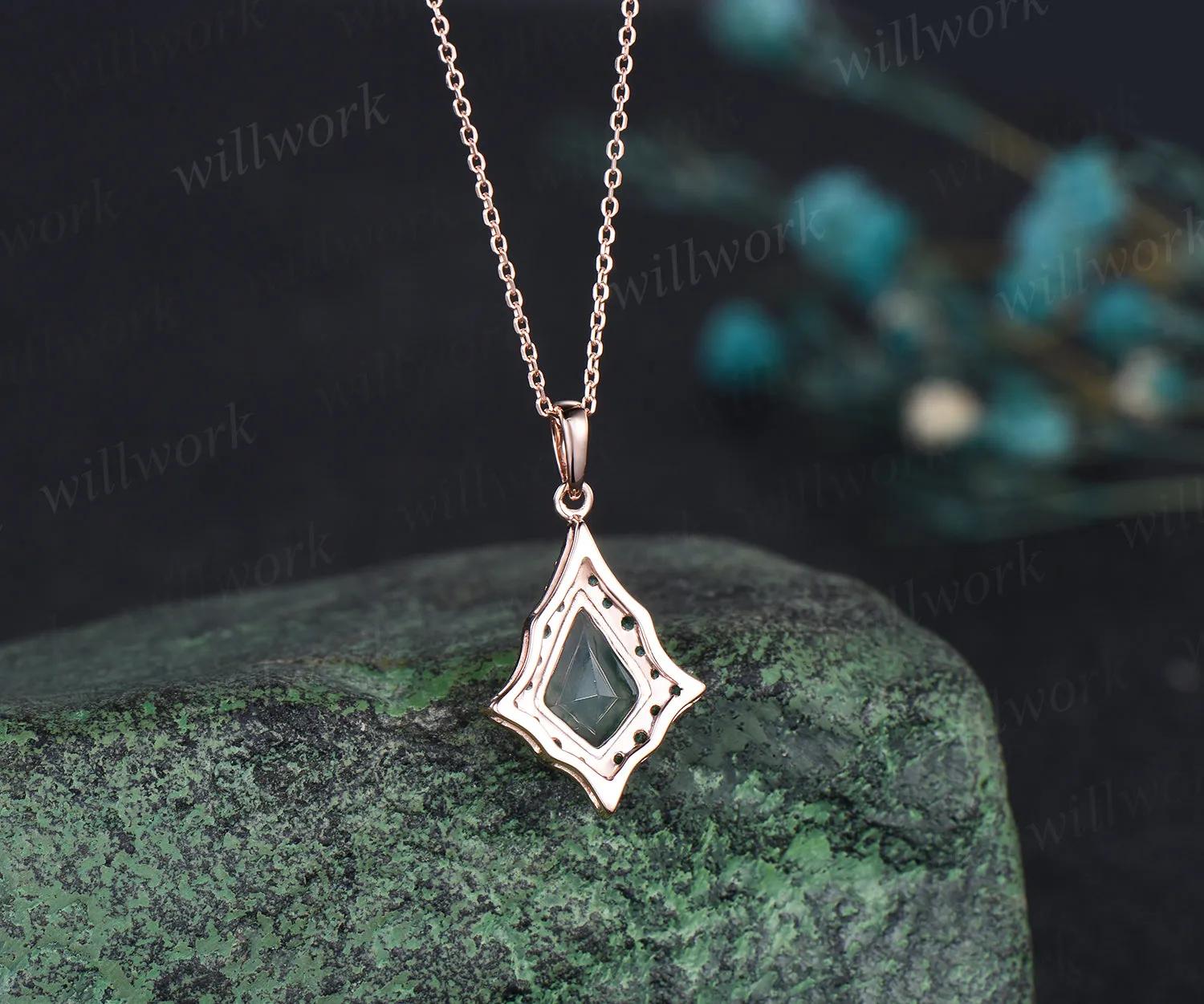 Kite Cut Natural Green Moss Agate Necklace Unique Wave Halo green emerald Necklace Pendant Rose Gold Women Mother Anniversary Gift sold by Willwork Jewelry product image thumbnail 3