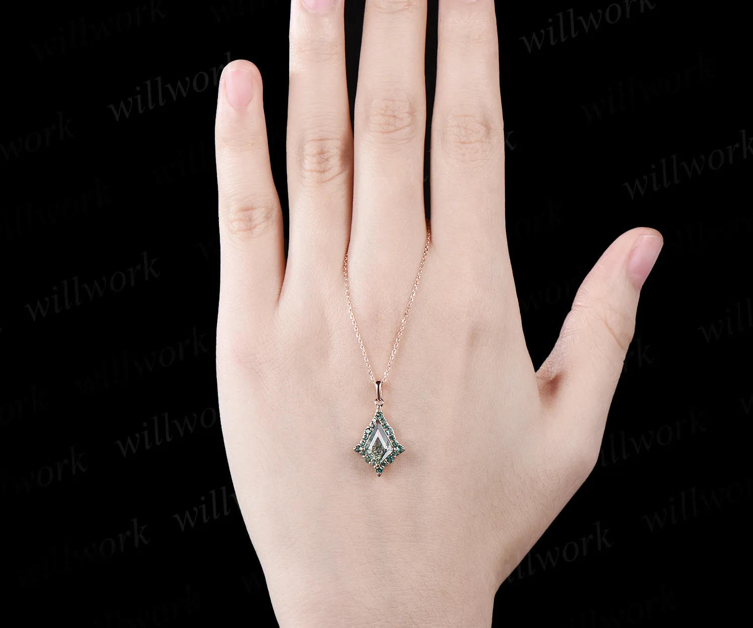 Kite Cut Natural Green Moss Agate Necklace Unique Wave Halo green emerald Necklace Pendant Rose Gold Women Mother Anniversary Gift sold by Willwork Jewelry product image thumbnail 4