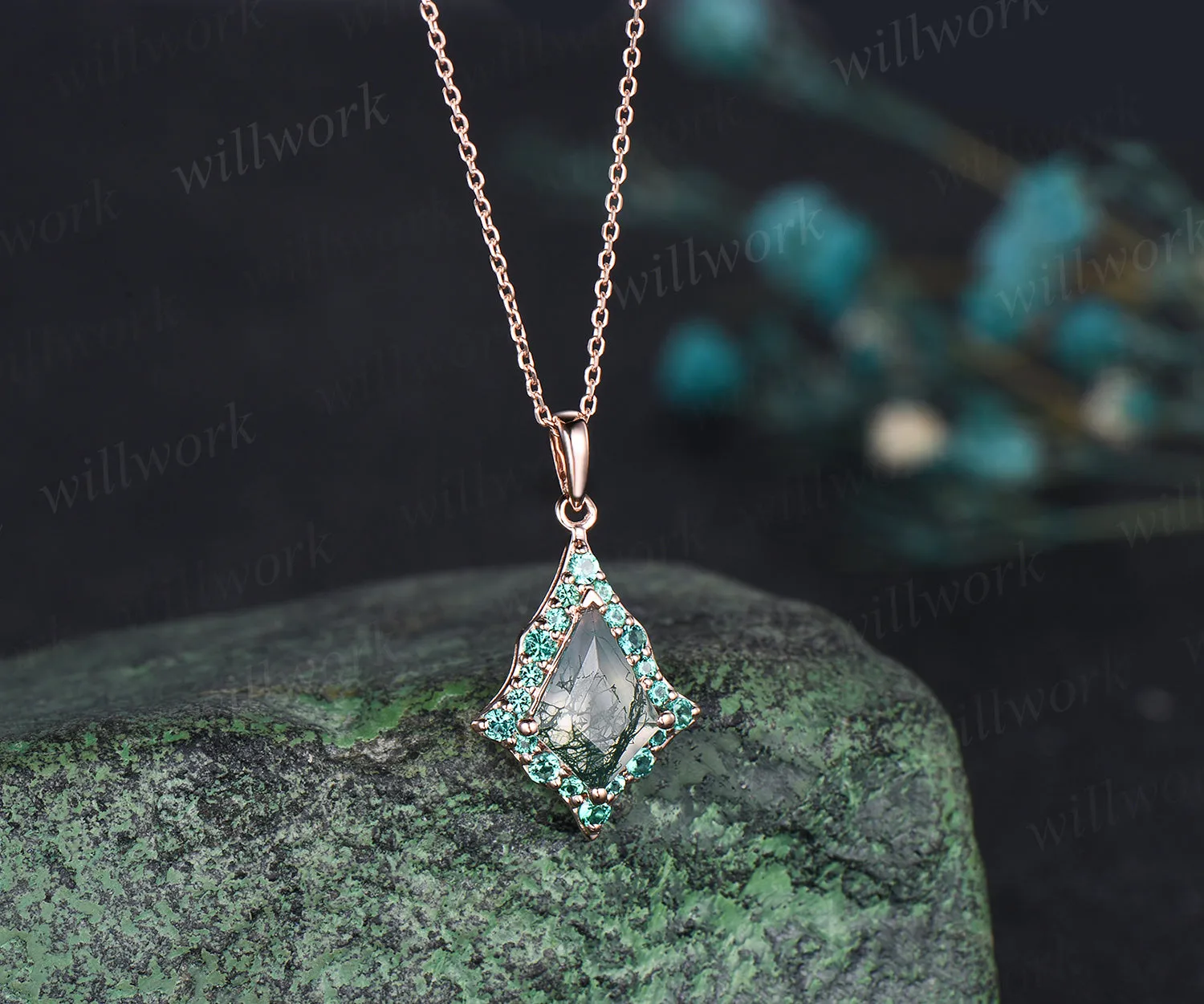 Kite Cut Natural Green Moss Agate Necklace Unique Wave Halo green emerald Necklace Pendant Rose Gold Women Mother Anniversary Gift sold by Willwork Jewelry product image thumbnail 2