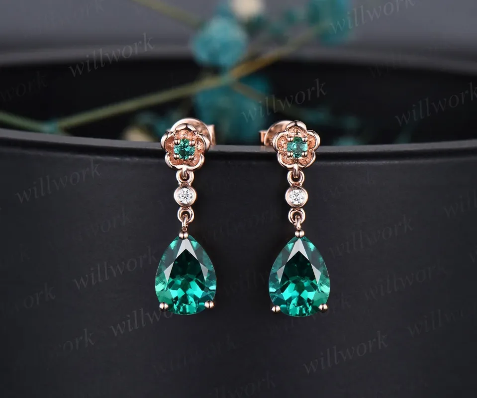 Floral pear shaped green emerald earrings rose gold three stone bezel diamond flower drop earrings women anniversary gift for her jewelry sold by Willwork Jewelry