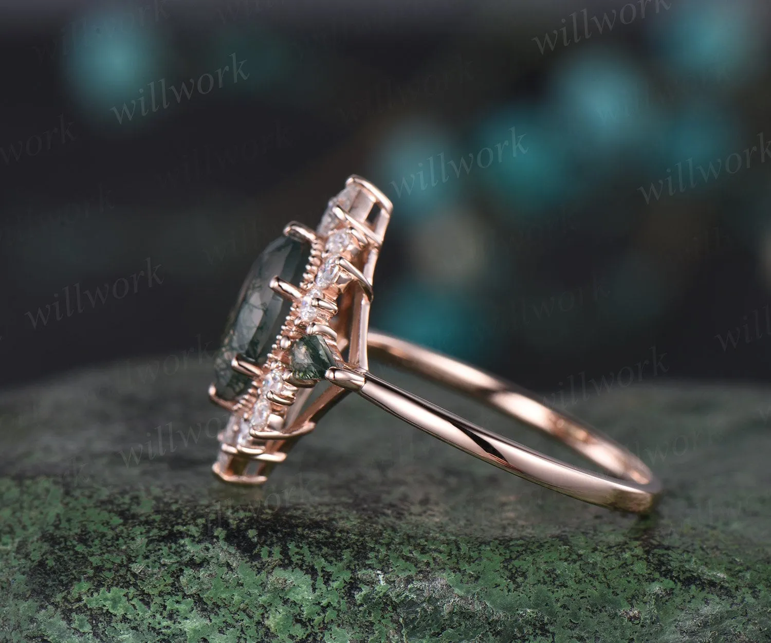 7x9mm oval cut green moss agate engagement ring Milgrain halo princess diamond ring women 6 prong unique wedding anniversary ring sold by Willwork Jewelry product image thumbnail 4